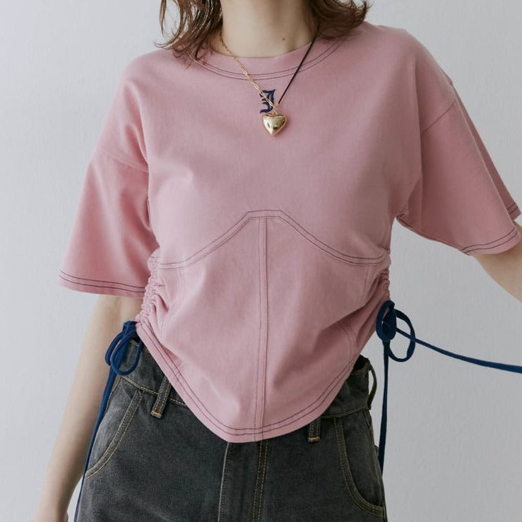 カラーステッチコルセットTシャツ【ピンク】