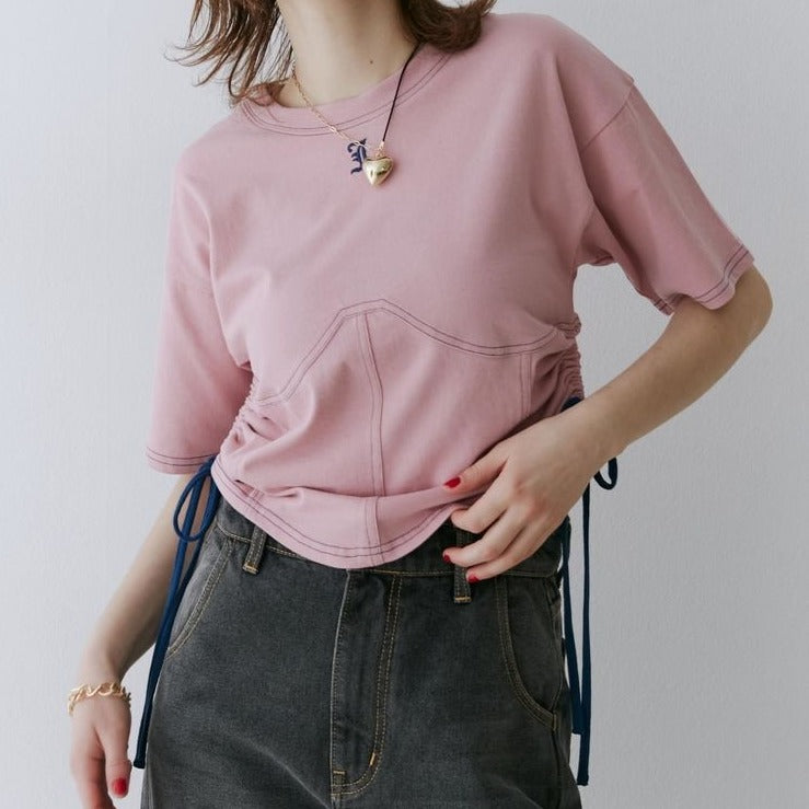カラーステッチコルセットTシャツ【ピンク】
