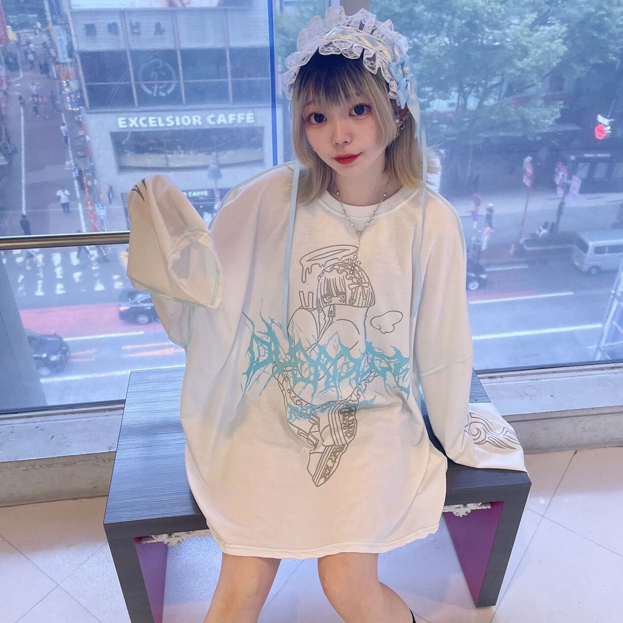 水色ステッチ★天使GIRL BIG ロンT【WHITE】